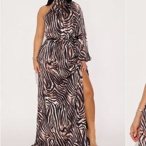 Fashion Nova One-Shoulder Zebra-Print Maxi Dress - Brown & Black
